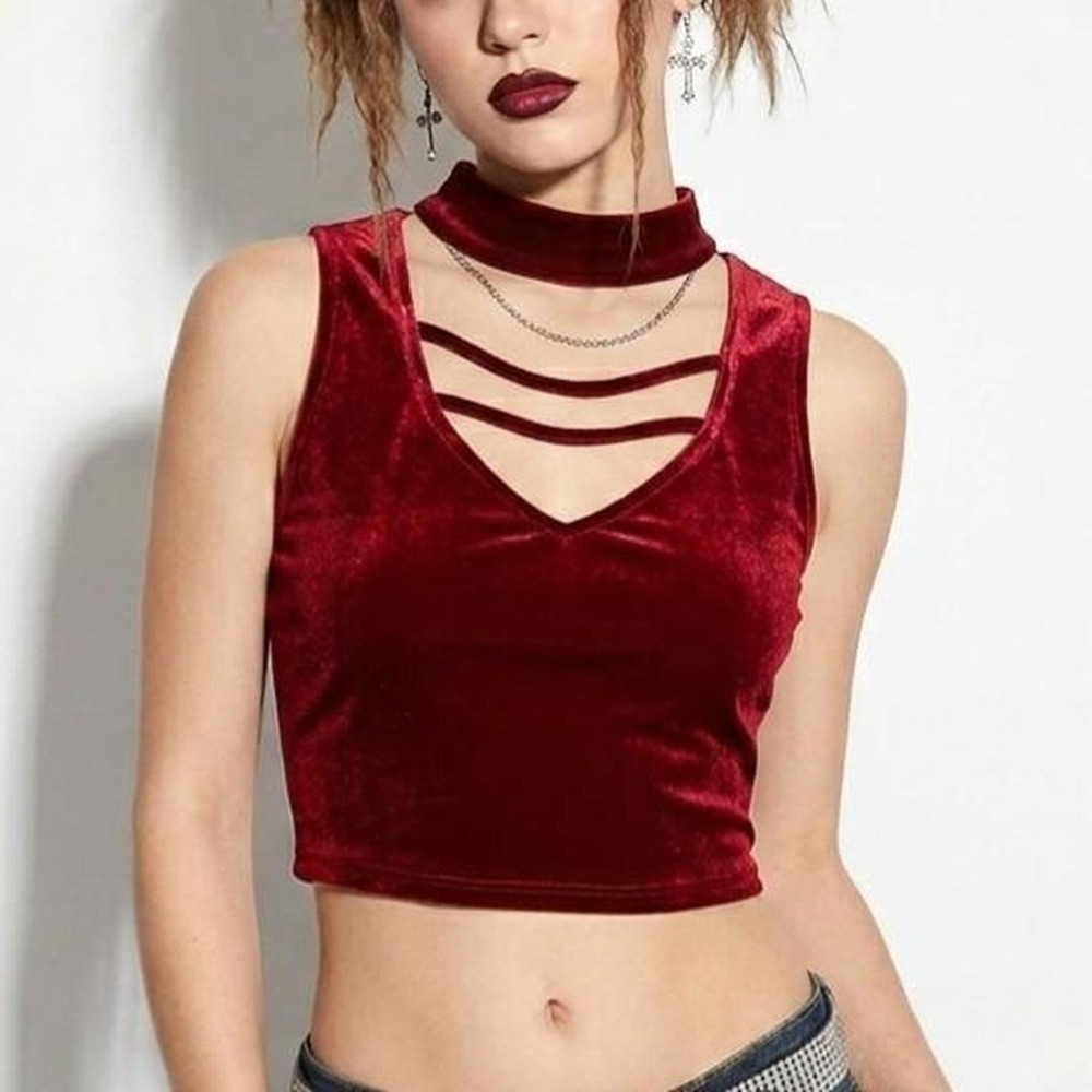 90s VAMPY RED VELVET CROP TOP Gothic choker mock neck whimsigoth  y2k grunge emo